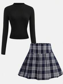 SHEIN Girlism 少女秋季校园风格校园服装，黑色立领针织毛衣长袖 T 恤和蓝白格子百褶裙两件套 - 藍色 - 查看 10