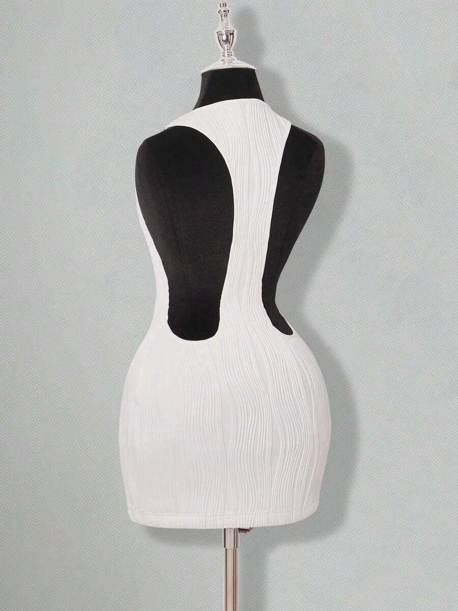 SHEIN ICON Váy ngắn ôm sát hở lưng họa tiết dệt kim màu trắng dự tiệc Giáng sinh cho nữ, mùa hè - trắng - Xem 1