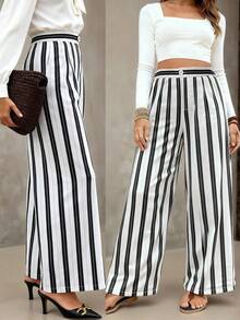 Flirla Pantalon long rayé en tissu, grande taille, automne/hiver - Noir et Blanc - Voir 1