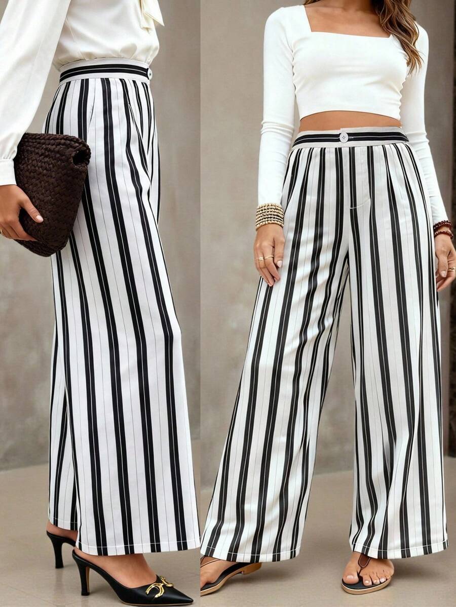 Flirla Pantalon long rayé en tissu, grande taille, automne/hiver - Noir et Blanc - Voir 1