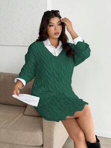Vionelle Plus Size V-Neck Wavy Hem Drawstring Cable Knit Pattern Long Sleeve Sweater Dress, Solid Color, Casual, Autumn/Winter - Dark Green - View 7