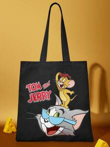 TOM & JERRY X SHEIN 1个可爱卡通人物印花帆布包，购物袋，可装书本、笔记本电脑，适合上学、通勤、购物，汤姆、猫、杰瑞、老鼠，友谊图案 - 黑色 - 查看 2