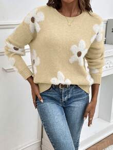 EMERY ROSE Women's Casual Floral Pattern Drop Shoulder Long Sleeve Sweater, Autumn/Winter - Apricot - View 6