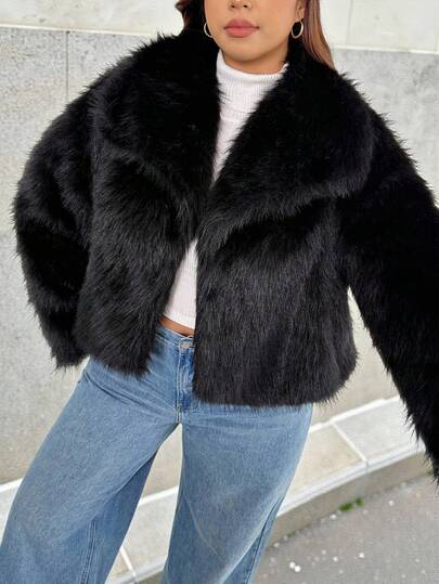 Auralis Plus Size Black Y2K Baddie Casual Faux Fur Collar Short Loose Coat, Autumn Winter Long Sleeve Furry Coat, Homewear & Outdoor