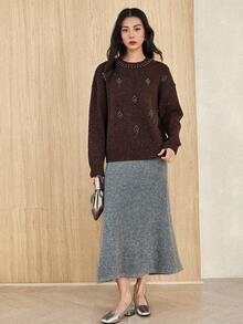 Dazy-Less Women's Loose Business Casual Crew Neck Beaded Knit Sweater, Brown, Suitable For Autumn And Winter