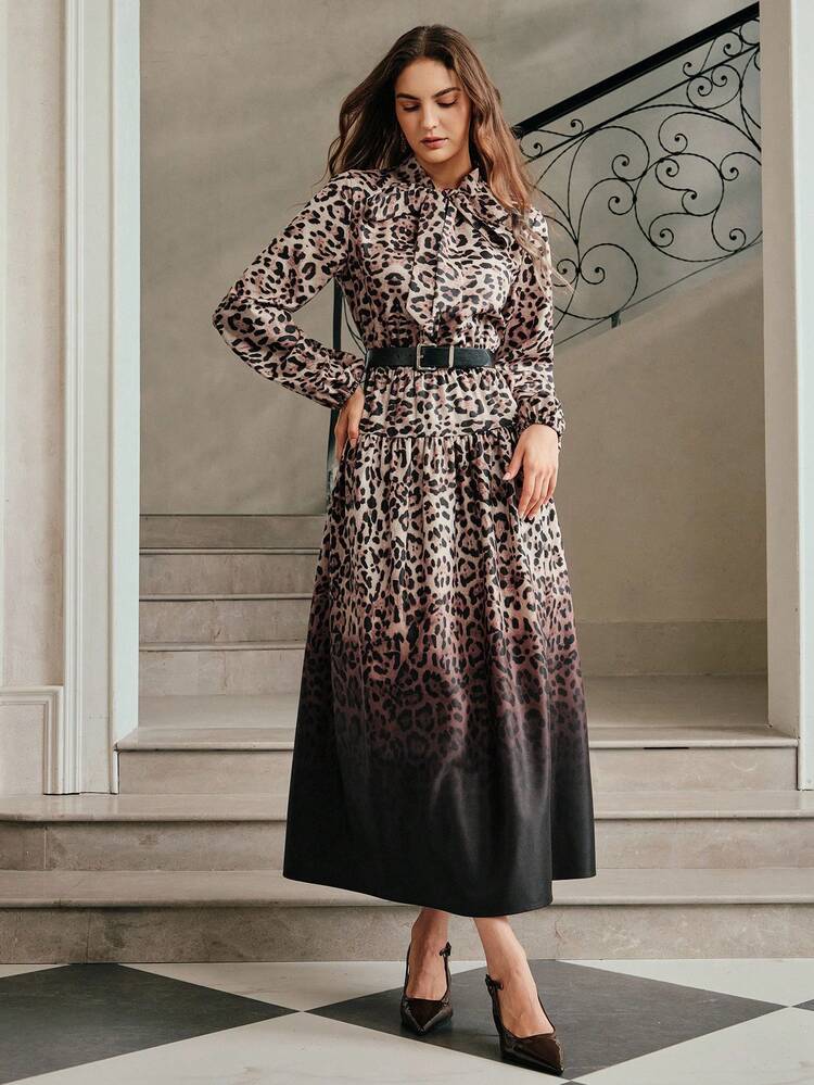 Women's Leopard Gradient Print Long Sleeve Fitted Waist Elegant Dress