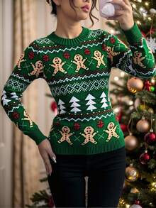 Mujer suéter festivo estilo navideño tejido jacquard diseño creativo ajuste cómodo cuello redondo manga larga invierno fiesta suéter - Verde militar - Ver 3