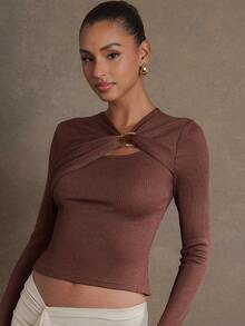 L'Amorae Elegant Commuter Solid Color Twist Asymmetric Blouse - Brown - View 1