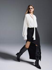 MYSTAURA Women's Sexy Elastic Waist Ruched Bodycon High Slit Skirt Night Black Autumn - Black - View 3