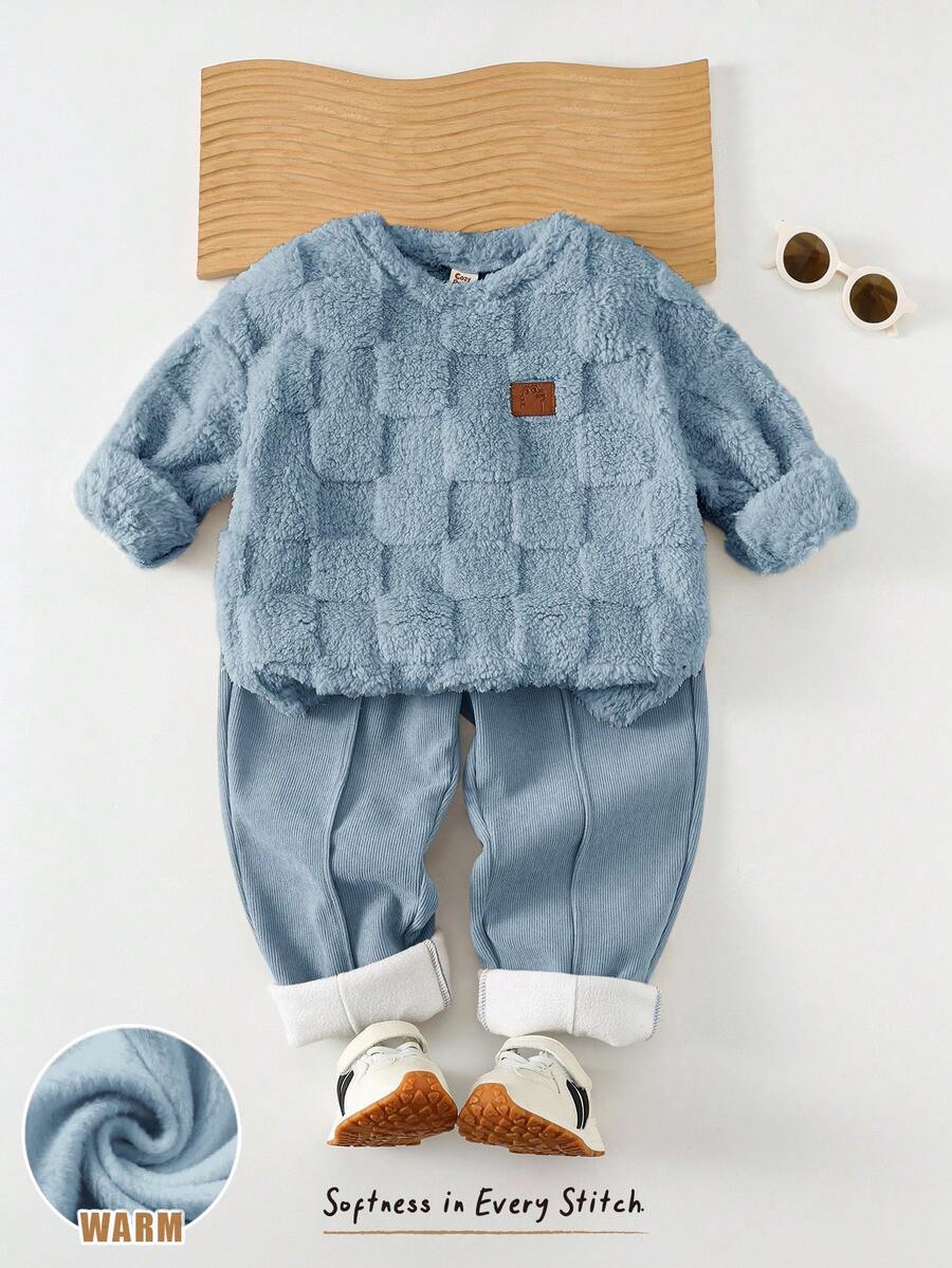 Cozy Pixies Bộ 2 món/Bộ áo nỉ cổ tròn tay dài phong cách cổ điển thường ngày cho bé trai kèm quần cạp chun, trang phục 2 món - Màu xanh lam - Xem 1
