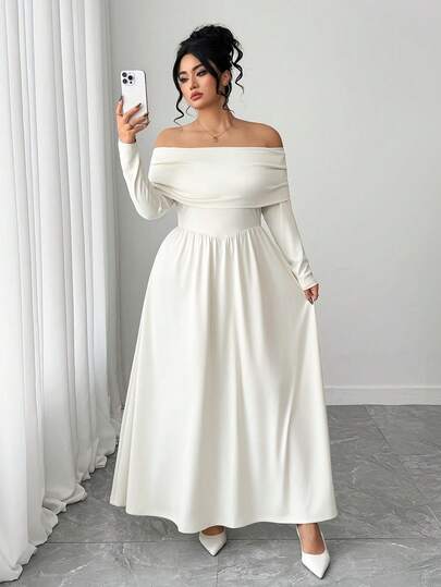Elenzga Plus Size Women's Off-Shoulder Long Sleeve A-Line Dress, Elegant Artistic Formal Gown, Romantic Vacation Dress