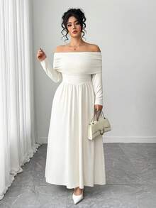 Elenzga Plus Size Women's Off-Shoulder Long Sleeve A-Line Dress, Elegant Artistic Formal Gown, Romantic Vacation Dress