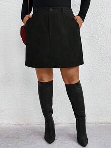 SHEIN Tall CURVE 大码女式优雅休闲通勤灯芯绒A字裙，带口袋 - 黑色 - 查看 5