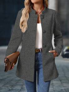 SHEIN PETITE 女士休闲立领中长款厚外套，长袖，秋冬 - 深灰色 - 查看 3
