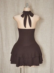 SHEIN ICON 大码女式针织纹理面料刺绣吊带连衣裙，棕色 - 棕色 - 查看 2