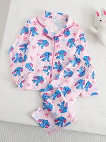 2pcs/Set Girls Casual Rabbit Print Long Sleeve Top And Pants Comfortable Pajama Set - Pink - View 3