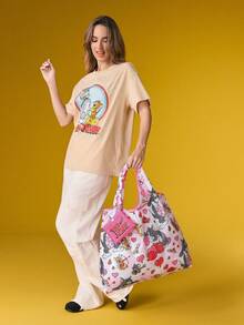 TOM & JERRY X SHEIN 1 Túi mua sắm gấp gọn in hình nhân vật hoạt hình dễ thương, túi tote có túi nhỏ đựng đồ kèm dây xích hạt để treo, hình Tom, Mèo, Jerry, Chuột, Tình bạn - Nhiều màu - Xem 4