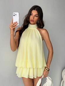SHEIN Tall 优雅的浅黄色无袖系领迷你连衣裙，适合派对、约会、秋冬季和春夏季穿着。 - 淡黃色 - 查看 7