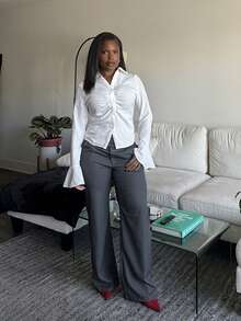 Tyla Gomez Solid Ruched Front Flare Sleeve Slim Fit White Shirt - White - View 5