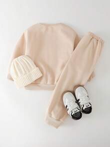THE HAPPY LOOK 2pcs Young Girl Letter Print Knit Soft Crew Neck Long Sleeve Sweatshirt And Elastic Waist Pants Set,Autumn,School,Back-To-School Winter Comfy Outfit - Khaki - View 2