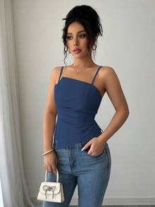 Elenzga Elegant & Cute Pleated Design Women's Solid Color Minimalist Camisole Tank Top, Everyday Wear - Dusty Blue - View 4