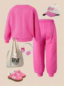 SHEIN Explorewe Casuvi 儿童女童两件套冬季服装，针织双层提花纹理套头衫套装，带有马术运动图案印花，适合秋冬季休闲、运动、度假穿着 - 玫紅色 - 查看 2