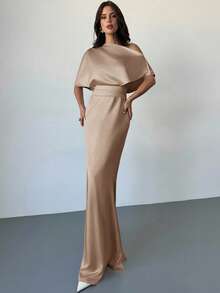 Firerie 女士优雅露肩醋酸纤维缎面鱼尾长裙，适合派对、庆典等场合/秋季女装/派对鸡尾酒会礼服/优雅性感的夜总会服装/节日礼服/婚礼宾客礼服/优雅婚礼宾客礼服/女士教堂礼服/女士约会晚礼服/约会礼服/ - 卡其色 - 查看 6