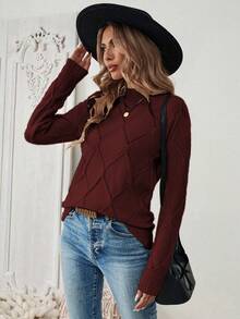 EMERY ROSE Solid Color Round Neck Casual Slim Fit Pullover Long Sleeve Sweater Burgundy Tops For Women - Burgundy - View 6