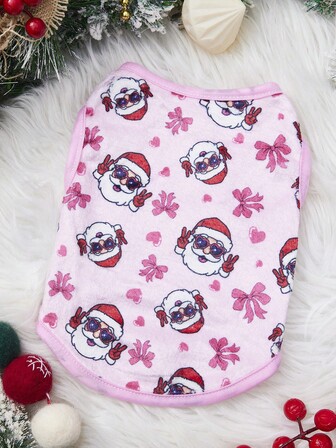 PETSIN 1pc Santa Claus Biye Pink Bow Love Plush Pet Tank Top Pink Christmas Autumn/Winter Thick Warm Pet Clothes