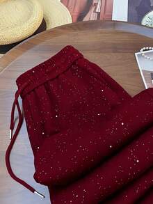 SHEIN PETITE Starry Sky Sequin Elastic Waist Casual Straight Leg Wide Leg Pants