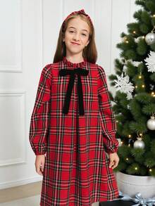SHEIN Tween Girl Elegant Red Plaid Ruffle Bow A-Line Long Sleeve Dress With Headband,Back-To-School Autumn Winter Casual School Outfit,Cute Vintage Woven - Red - View 6