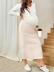 SHEIN 孕婦對比色可調腰圍羅紋休閒裙 - 卡其色 - 查看 6