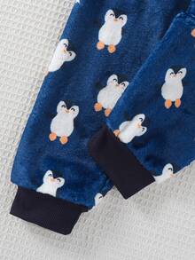 2pcs Baby/Toddler Boys' Cartoon Penguin Embroidered Flannel Crew Neck Long Sleeve Top And Pants Pajama Set - Blue - View 3