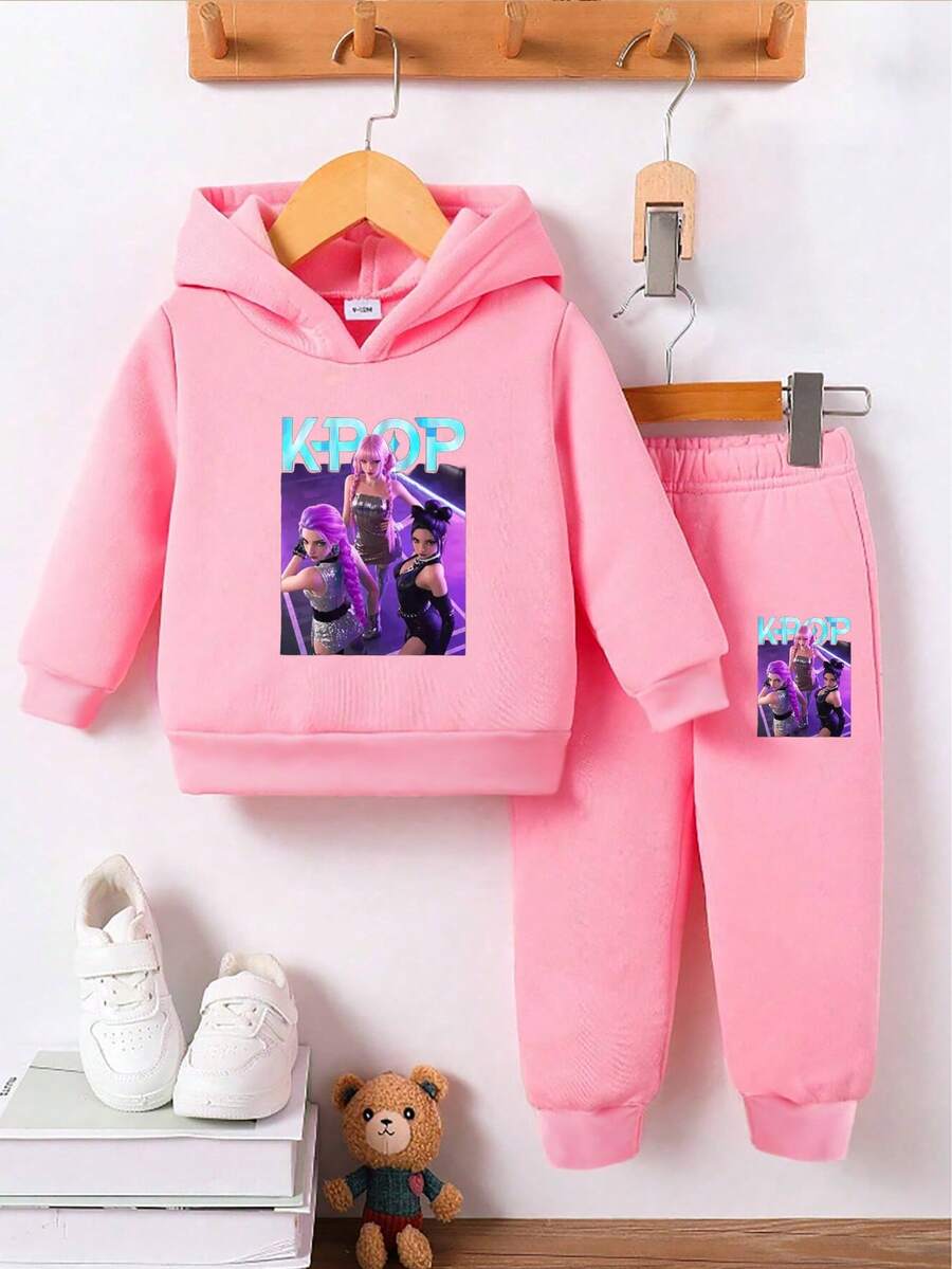1 Set de Sudadera con capucha y pantalones de chándal de estilo anime 3D con gráfico de letras de K-POP y diseño de niña, cómodo y versátil, adecuado para uso casual, deportivo y escolar en otoño/invierno