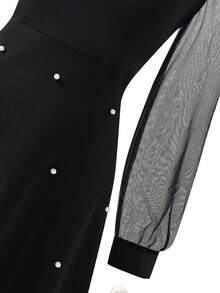 1pc Girls Wednesday Collared Mesh Patchwork Long Sleeve Dress, Elegant Gothic Style With Pearl Decor, Suitable For Back To School, Christmas And Other Occasions (Dress Only) - Black - View 5