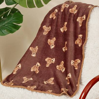 PETSIN 1 Pet Cat Dog Universal Brown Cute Bear Pattern Printed Plush All Season Universal Dog Blanket