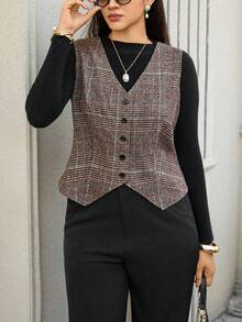 SHEIN LUNE 大码女式感恩节优雅前扣无袖千鸟格休闲上衣，圣诞节无袖衬衫，优雅法式休闲办公装，适合夏季教师、女性、秋季工作商务休闲女性、职业商务教师等场合。 - 彩色 - 查看 5