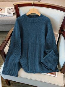 GlowEve CURVE Áo len dệt kim tay raglan rộng rãi, thường ngày cỡ lớn dành cho nữ, mùa đông - Xanh đậm - Xem 1