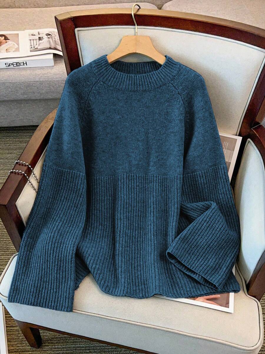 GlowEve CURVE Áo len dệt kim tay raglan rộng rãi, thường ngày cỡ lớn dành cho nữ, mùa đông - Xanh đậm - Xem 1
