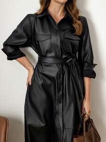 Zelara Christmas Plus Size Solid Color PU Leather Waist Tie Elegant Long Sleeve Dress  Black Dress Black Dresses For Women  Elegant Dress Women Elegant Dresses For Women New Year Look Clothes For New Year New Year Clothes Winter Dress Women Maija Fall Winter 2025 Women Maija 2025 Winter Clothes For Women Women's Winter Coat Black Dresses For Women Black Dress Winter Dresses For Women