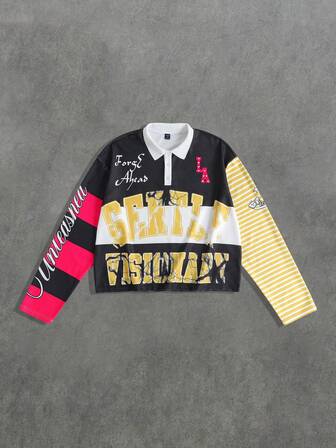 Polo a maniche lunghe da uomo con grafica stampata, colletto a contrasto di colore, stile casual di strada