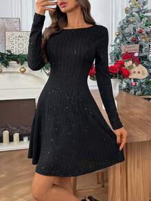 EMERY ROSE 女士优雅羊毛罗纹派对连衣裙，秋冬 - 黑色 - 查看 7