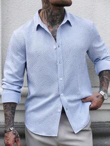 Manfinity Homme Men's Blue Textured Geometric Casual Long Sleeve Shirt - Baby Blue - View 1