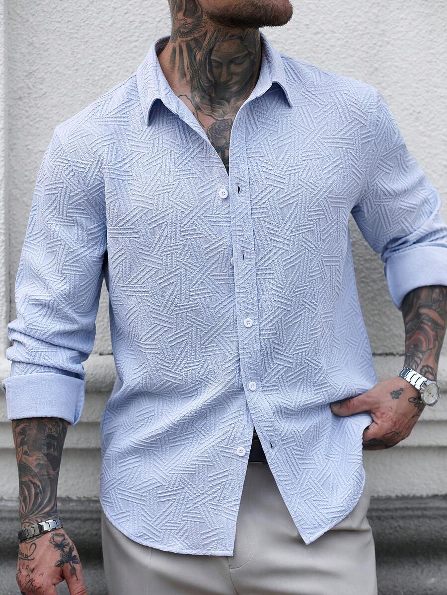Manfinity Homme Men's Blue Textured Geometric Casual Long Sleeve Shirt - Baby Blue - View 1