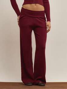 MUSERA 低腰翻折腰带阔腿裤，优雅冬季工作装，可爱晚装。 - 紅色 - 查看 2