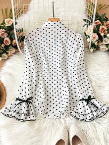SHEIN Clasi 女士优雅浪漫黑白圆点蕾丝边荷叶边领喇叭袖长袖纽扣衬衫 - 黑與白 - 查看 2