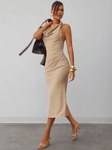 Hauture Vestido Longo Ajustado com Decote Drapeado e Franzido em Cor Sólida para Mulheres - Caqui - Visão 3