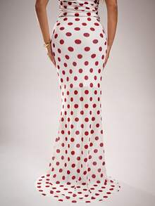 Avantive Red And White Polka Dot Maxi Skirt For Women,Vintage 70s 2000s Style Elegant Fitted Print Skirt,Autumn Party Cocktail Prom Homecoming Date Night - Red and White - View 2