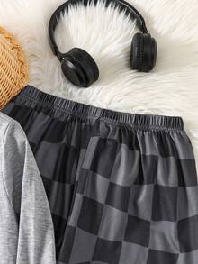 2 件套青少年男孩长袖衬衫和裤子，格子和视频游戏印花，休闲舒适的家居服，春秋季 - 灰色 - 查看 4