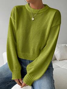SHEIN LUNE Áo len nữ cổ tròn tay dài màu trắng đơn giản, thoải mái - màu xanh lá - Xem 7